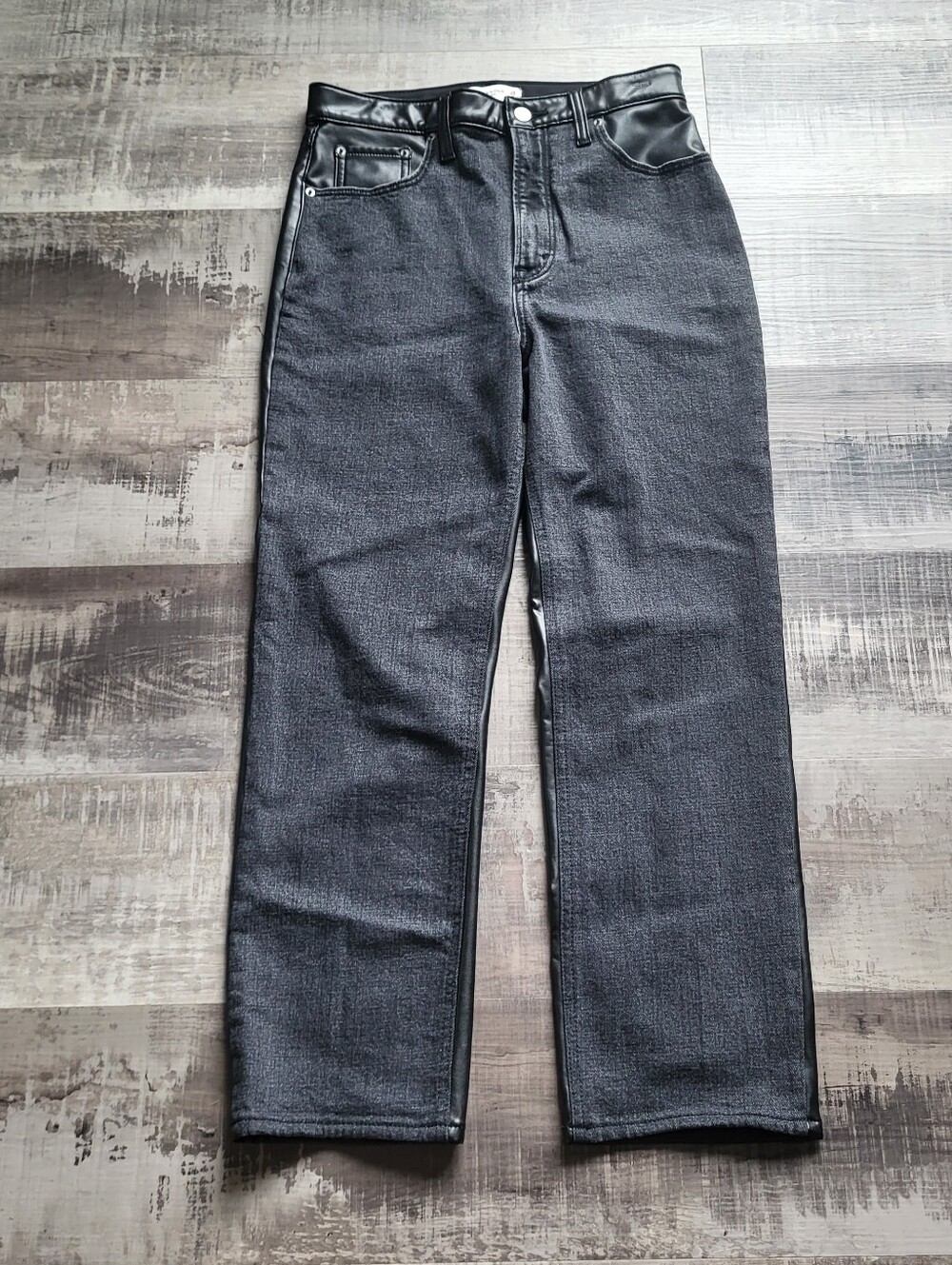 Abercrombie Fitch Black Ankle Straight High Rise Faux Leather Back Jeans Size 8